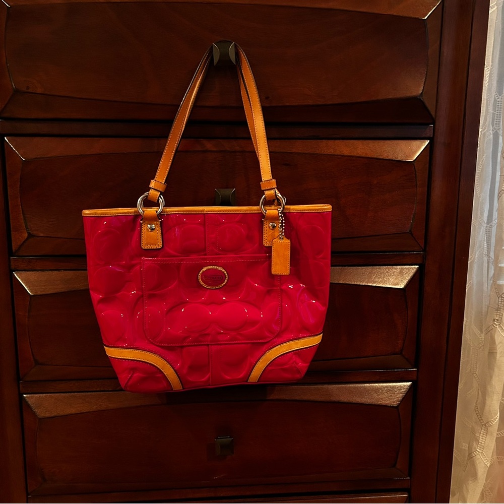 Coach Hot pink, patent Tote with Tan Trim